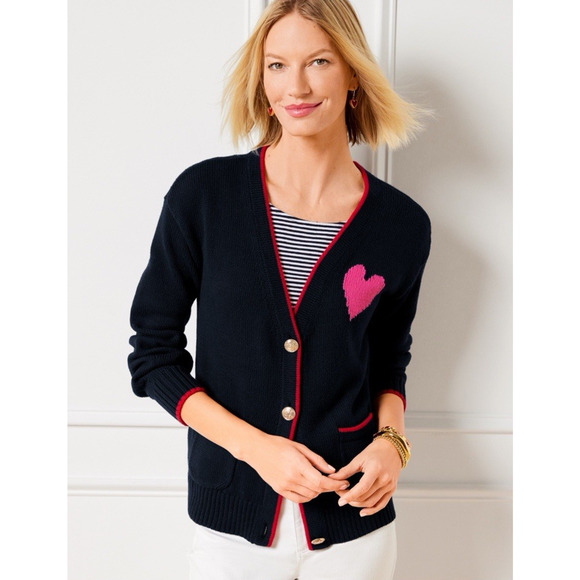 Talbots Sweaters - Talbots Plus Petite XL Tipped Heart V-Neck Navy Cardigan Pink Heart Valentines